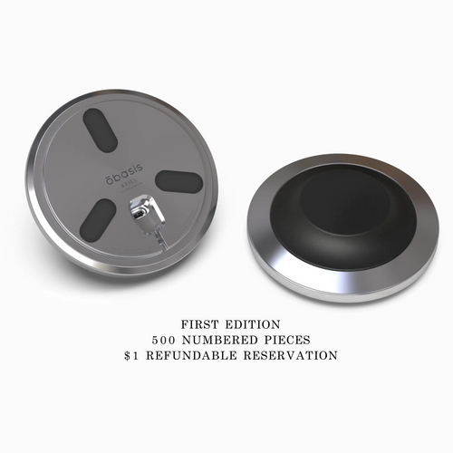 STILL First Edition wireless charging dock in machined stainless steel, with a $1 refundable reservation for 500 numbered pieces